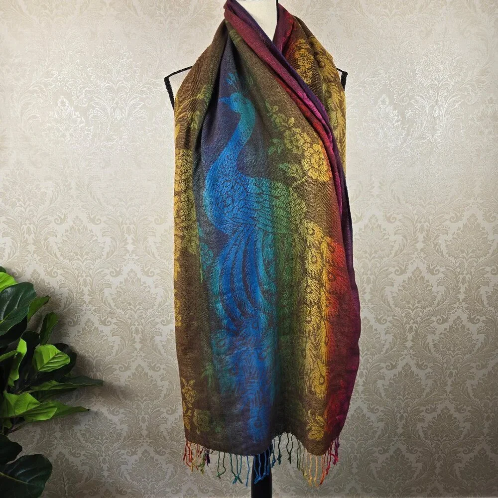 Mulitcolor Rainbow Peacock Floral Themed Oblong Scarf Fringed Ends Lightweight